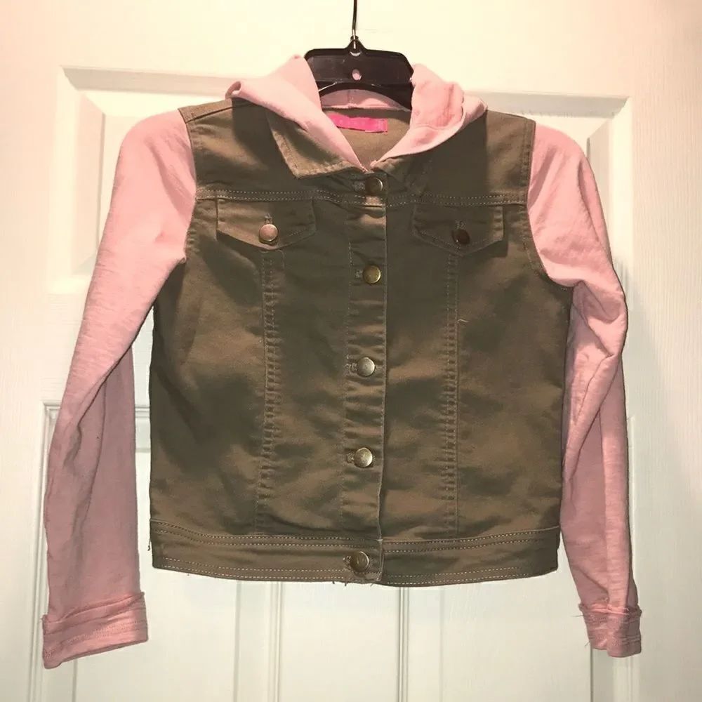 (5/$25) Tinsey Olive & Pink Hooded Jean Jacket